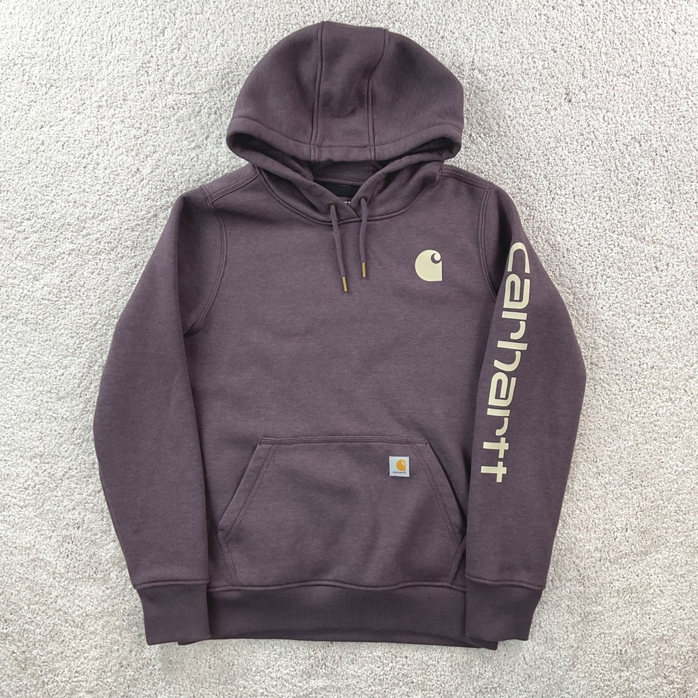Carhartt Womens Relaxed Fit Fleece Hoodie Plum Purple Graphic Sleeve Medium